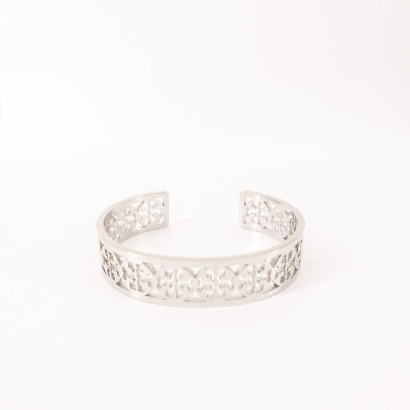 Tory Burch TB Gold Logo Cut out Cuff Bracelet Silver OS - Picture 10 of 10